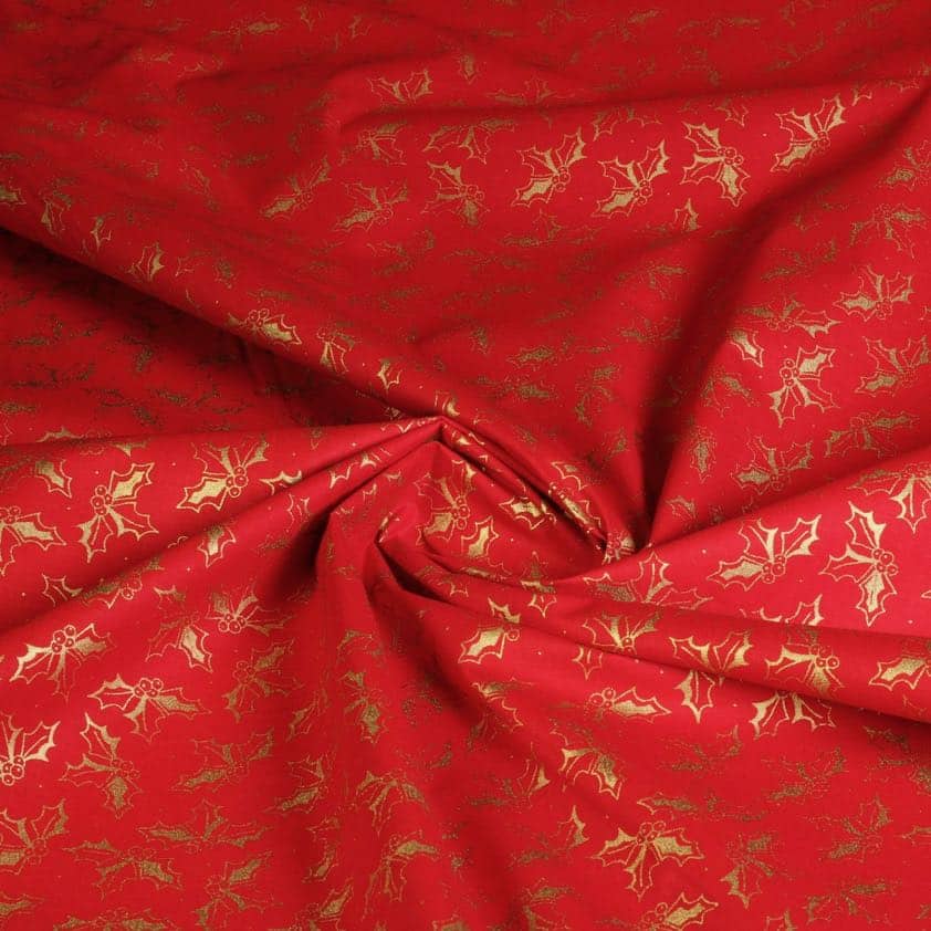 Tissu popeline couronne Noël rouge