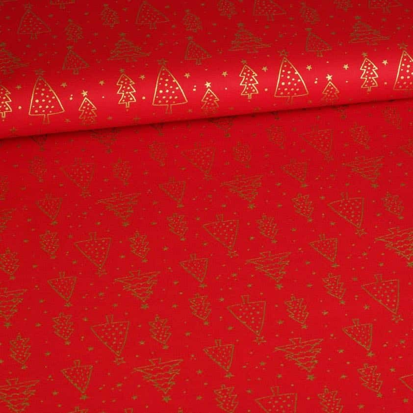 Tissu popeline sapin de Noël rouge