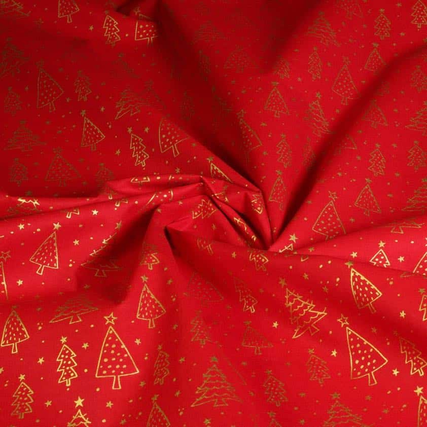 Tissu popeline sapin de Noël rouge