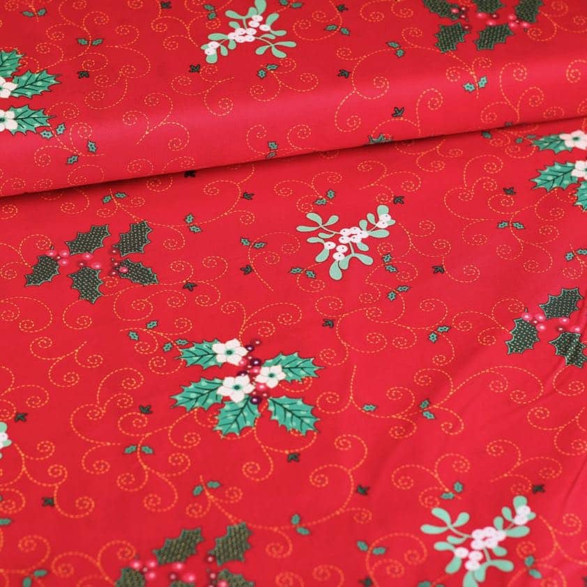 Tissu popeline couronne de Noël rouge