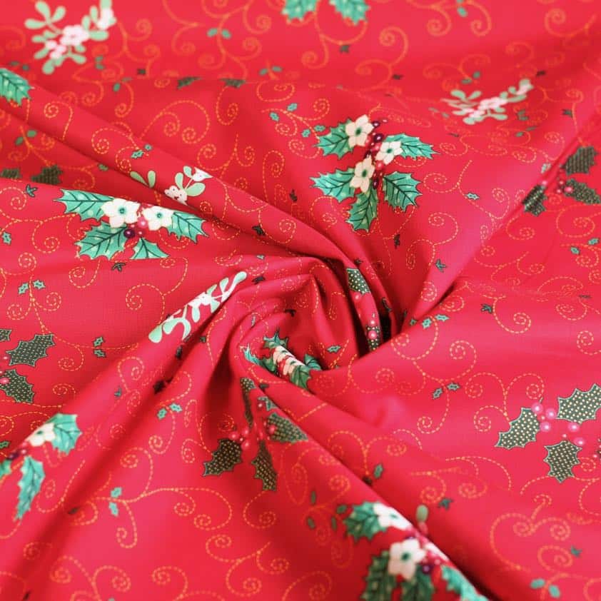 Tissu popeline couronne de Noël rouge