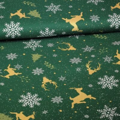 Tissu popeline cerfs vert/or