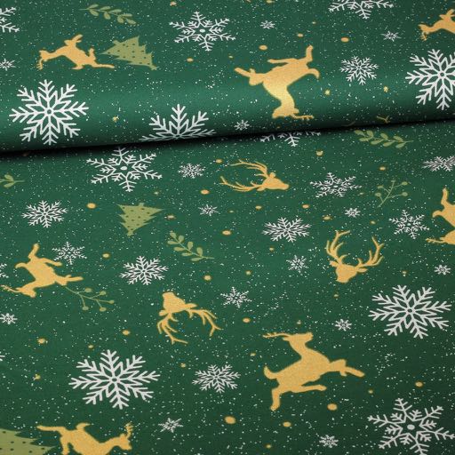 Tissu popeline cerfs vert/or