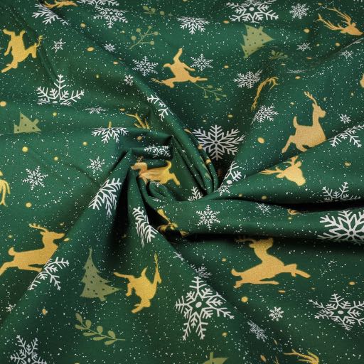 Tissu popeline cerfs vert/or