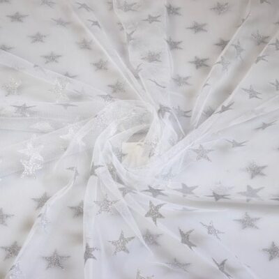 Tissu mesh paillettes étoile argent