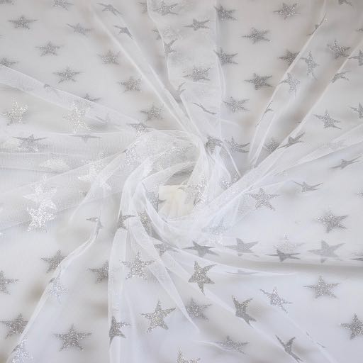 Tissu mesh paillettes étoile argent
