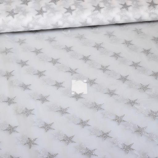 Tissu mesh paillettes étoile argent
