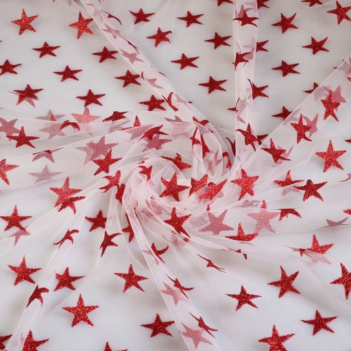 Tissu mesh glitter étoile rouge