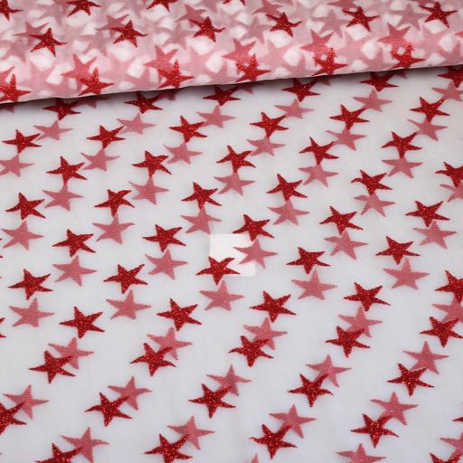 Tissu mesh glitter étoile rouge