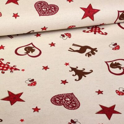 Tissu coton lin rouge motif cerf