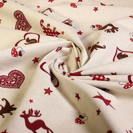 Tissu coton lin rouge motif cerf