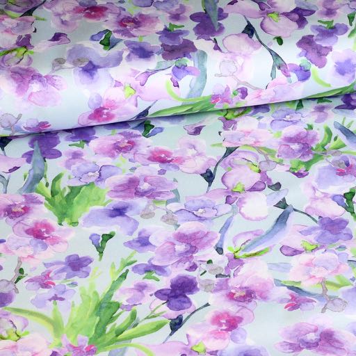 Tissu stretch satin aquarelle fleur bleu clair