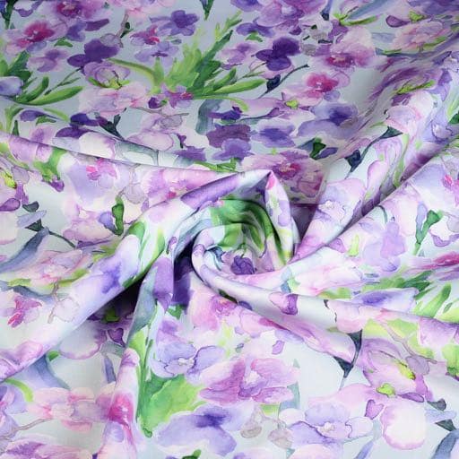 Tissu stretch satin aquarelle fleur bleu clair