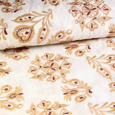 Tissu broderie coton fleur rétro camel