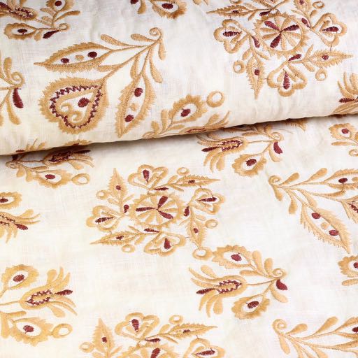 Tissu broderie coton fleur rétro camel
