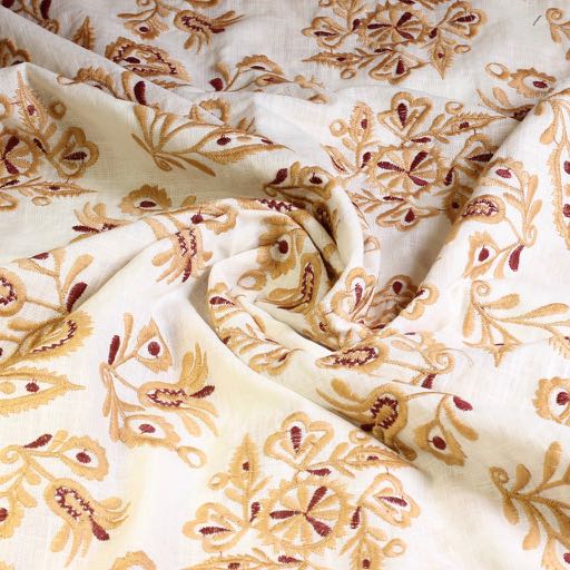 Tissu broderie coton fleur rétro camel