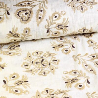 Tissu broderie coton fleur rétro écru