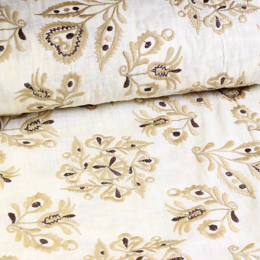 Tissu broderie coton fleur rétro écru