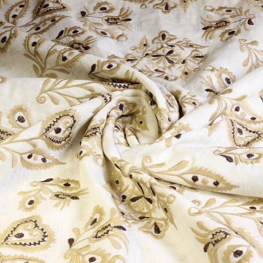 Tissu broderie coton fleur rétro écru