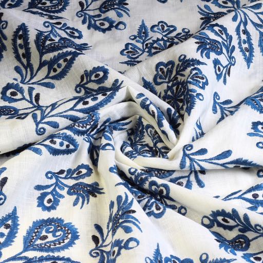 Tissu broderie coton retro fleur bleu
