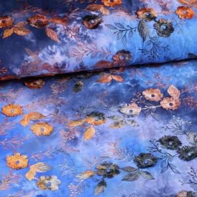 Tissu Poppy broderie tie dye bleu marron
