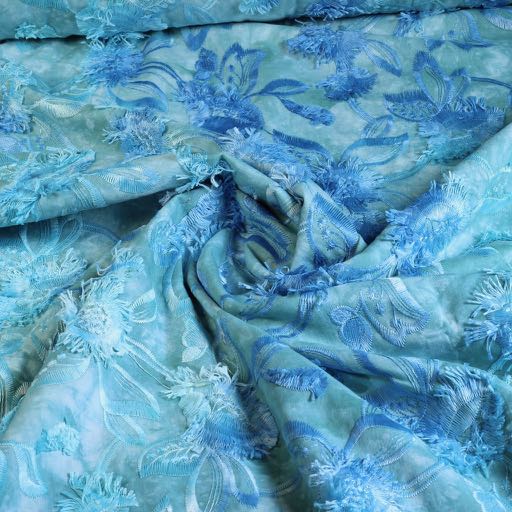 Tissu broderie coton tie dye aqua