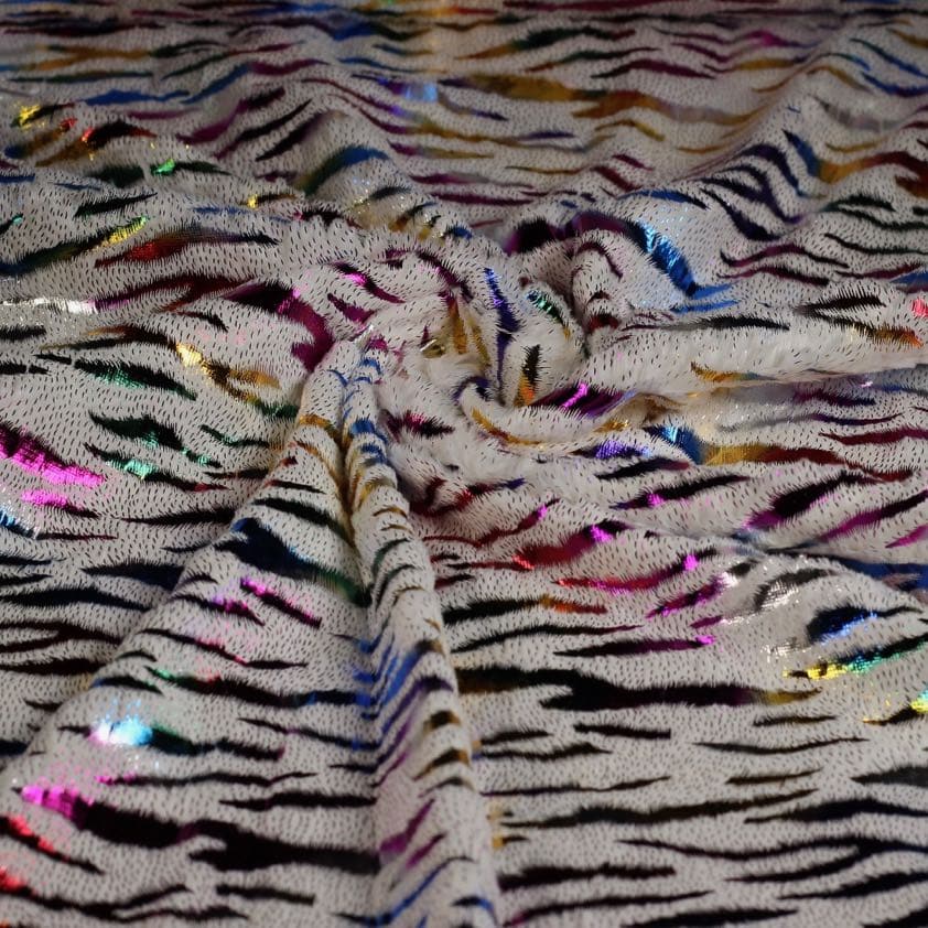 Tissu fausse fourrure blanc rayure multicolor foil