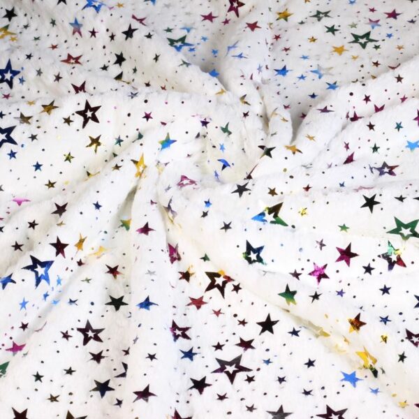 Tissu fourrure imitation blanc multicolor foil étoile