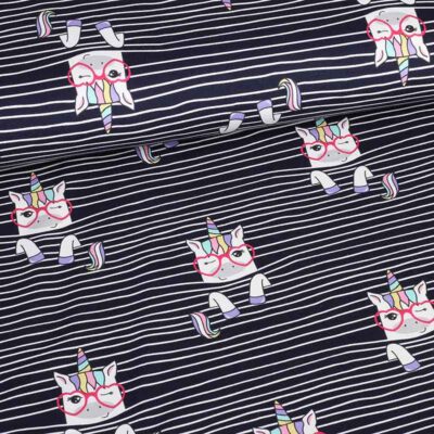 Tissu tricot imprimé numérique rayure licorne marine