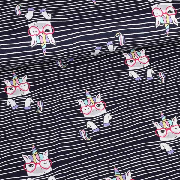 Tissu tricot imprimé numérique rayure licorne marine