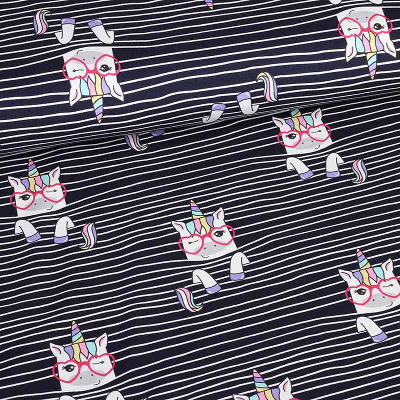 Tissu tricot imprimé numérique rayure licorne marine