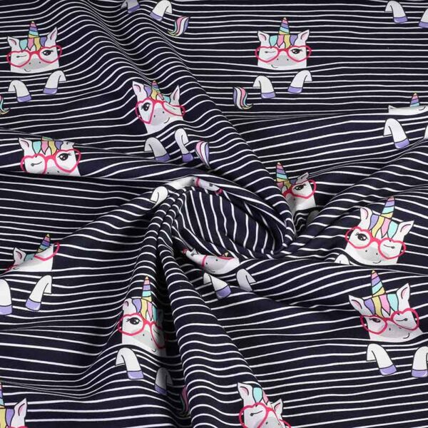 Tissu tricot imprimé numérique rayure licorne marine