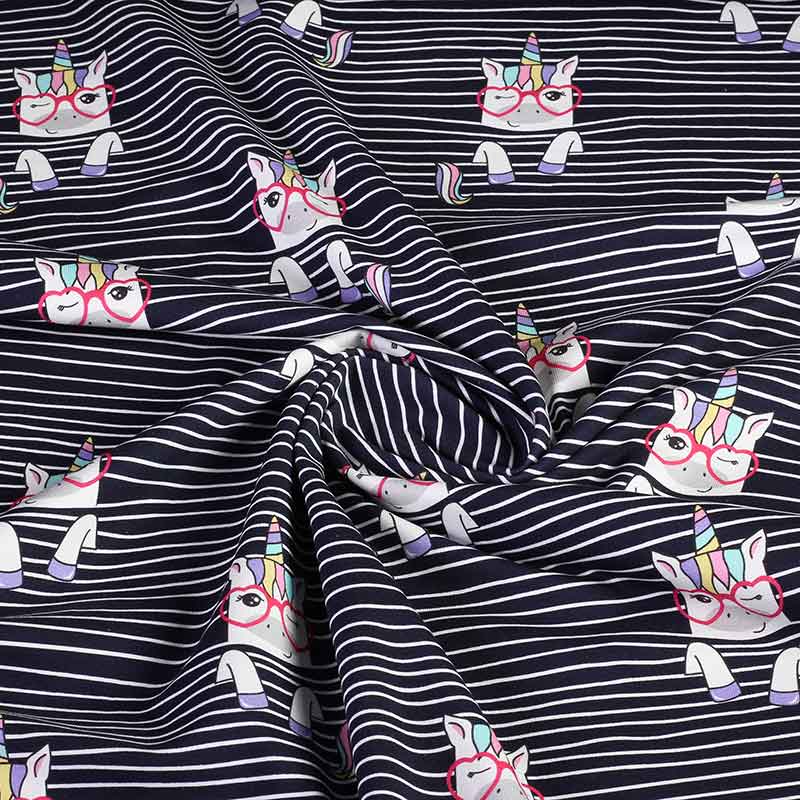 Tissu tricot imprimé numérique rayure licorne marine