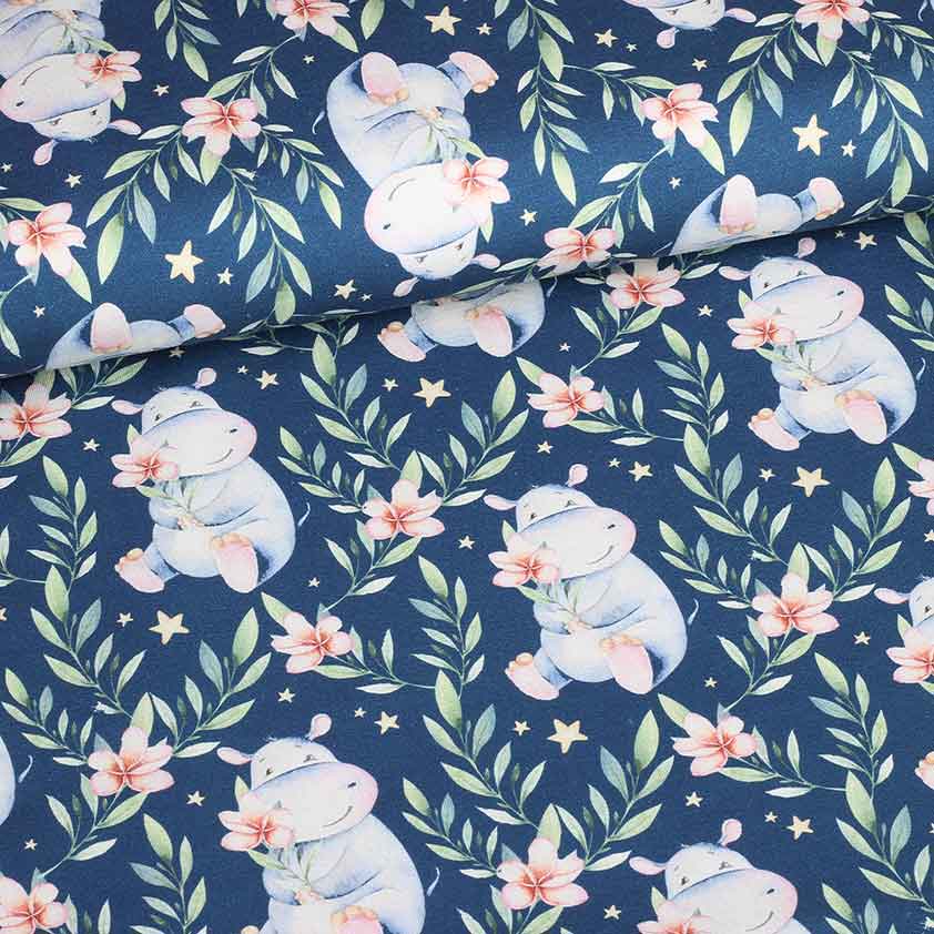 Tissu tricot imprimé numérique hippopotame jean