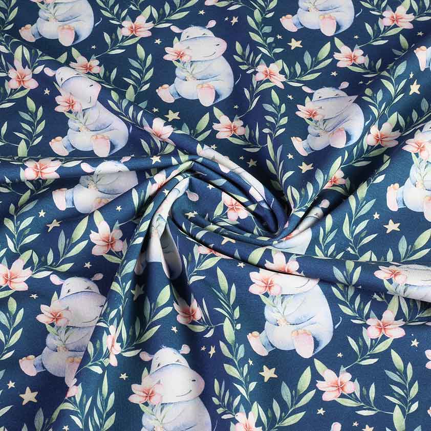 Tissu tricot imprimé numérique hippopotame jean
