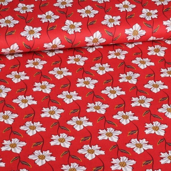 Tissu popeline fantasie marguerite rouge
