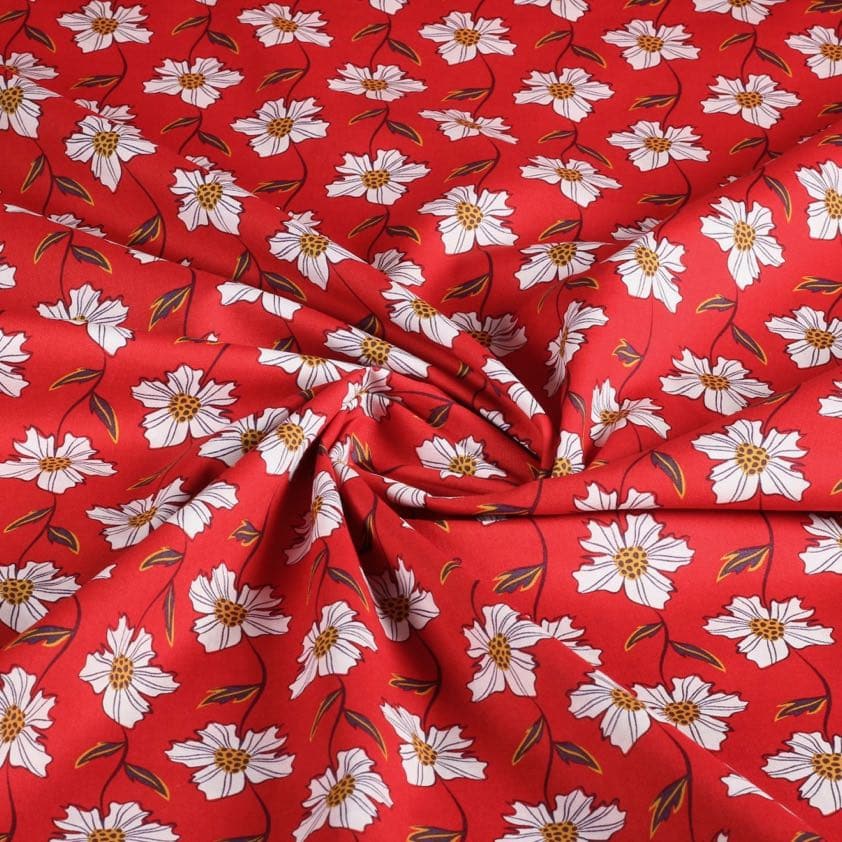 Tissu popeline fantasie marguerite rouge