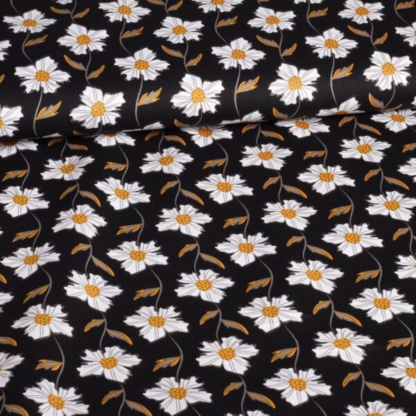Tissu popeline fantaisie marguerites noir
