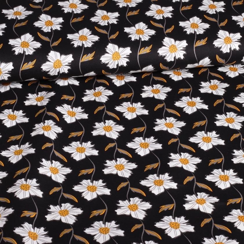 Tissu popeline fantaisie marguerites noir