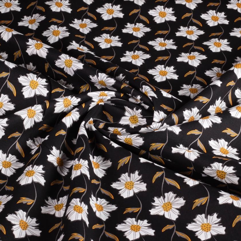 Tissu popeline fantaisie marguerites noir
