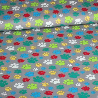Tissu coton pattes de chien gris