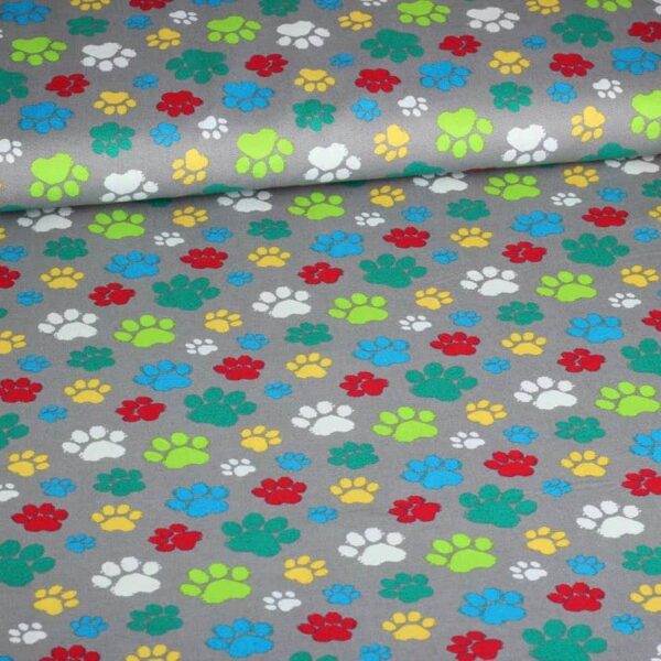 Tissu coton pattes de chien gris