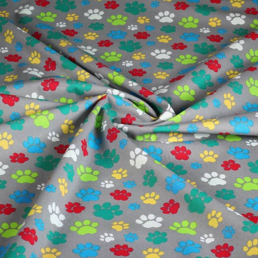 Tissu coton pattes de chien gris