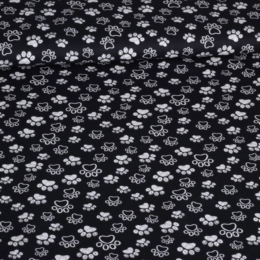 Tissu popeline pattes de chien noir blanc