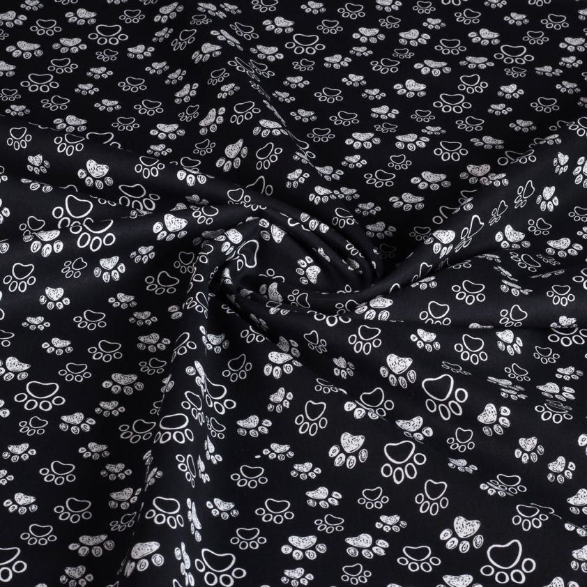 Tissu popeline pattes de chien noir blanc