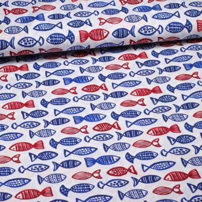 Tissu popeline poissons bleu/rouge