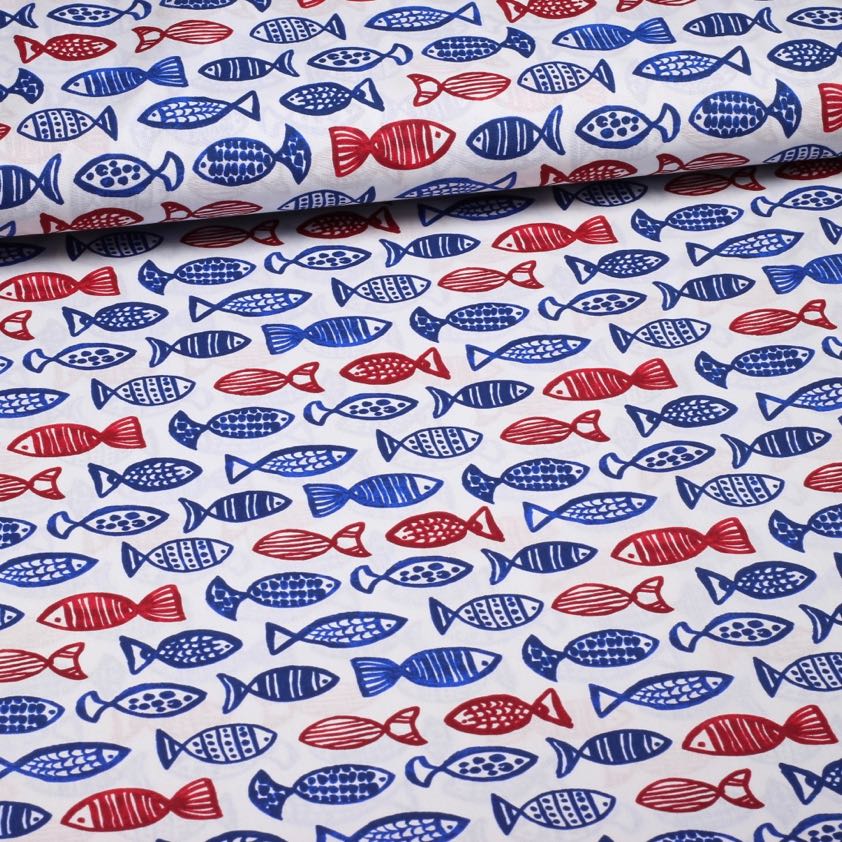 Tissu popeline poissons bleu/rouge