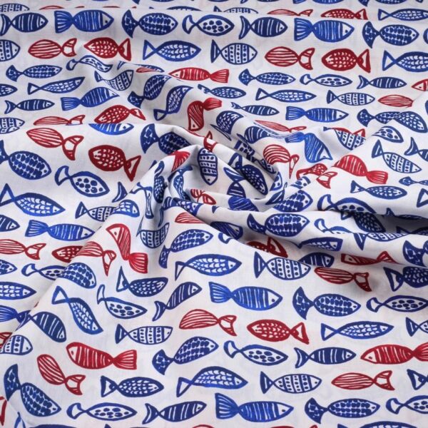 Tissu popeline poissons bleu/rouge