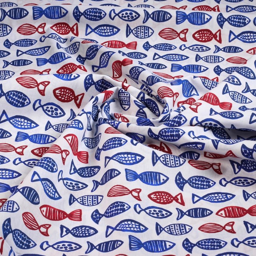 Tissu popeline poissons bleu/rouge