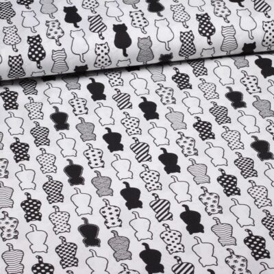 Tissu popeline chats noir blanc